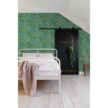 slaapkamer behang tropische jungle bladeren en paradijsvogels petrolblauw en jungle groen 139233