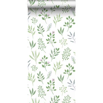 behang bloemmotief in Scandinavische stijl groen en lila paars van ESTAhome