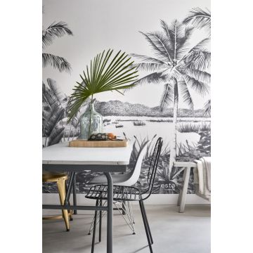 eetkamer fotobehang tropisch landschap met palmbomen zwart en wit 158901
