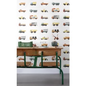 jongenskamer vlies wallpaper XXL vrachtwagens en tractoren geel, oranje en blauw 159048