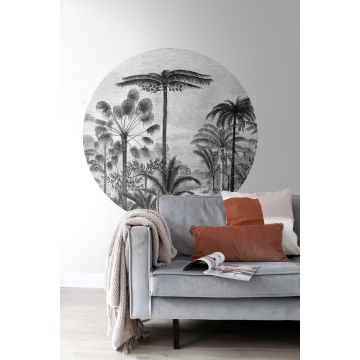 woonkamer zelfklevende behangcirkel tropisch landschap met palmbomen zwart wit 159006