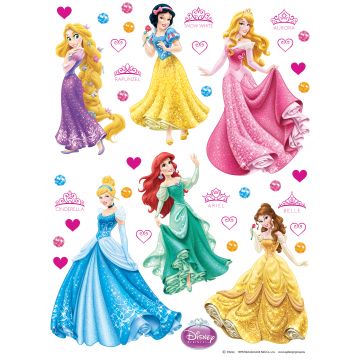 muursticker prinsessen blauw, geel, roze en paars van Disney