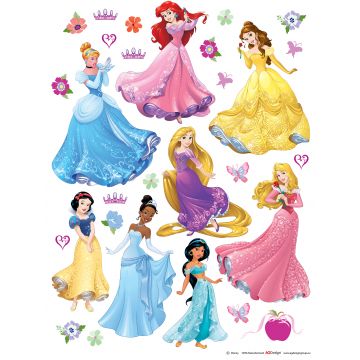 muursticker prinsessen blauw, geel, paars en roze van Disney