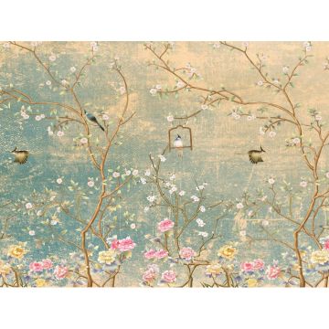 fotobehang bloemen en vogels zeegroen, roze en beige van Sanders & Sanders