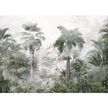 fotobehang tropisch landschap met palmbomen donkergroen en grijs van Sanders & Sanders