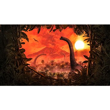 fotobehang Brachiosaurus Panorama oranje en groen van Komar