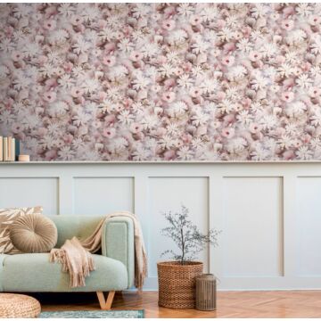 behang bloemmotief meerkleurig, wit, roze en groen van Livingwalls