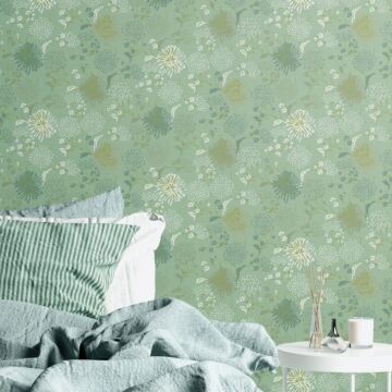 behang bloemmotief groen en wit van Livingwalls
